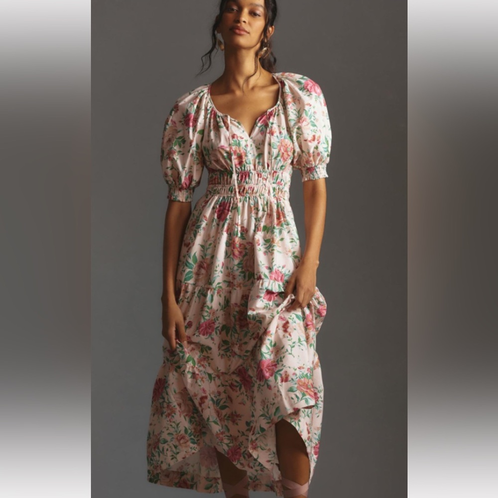 Anthropologie Green and Pink Puff Sleeve Sundress